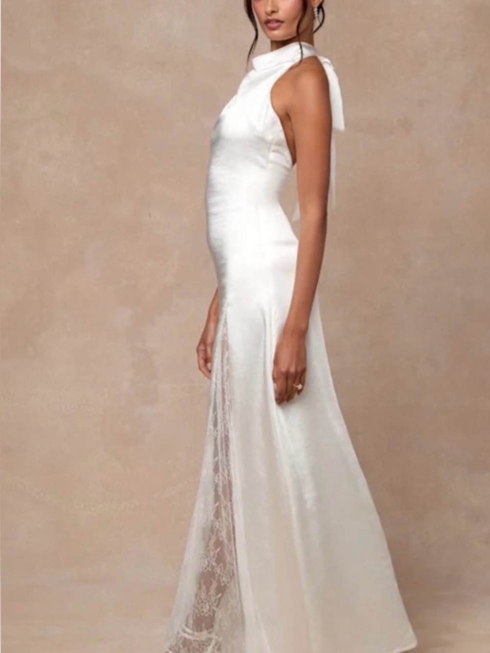 NEVER WORN — Lulu's Ivory Halter Satin Gown with Lace Panel